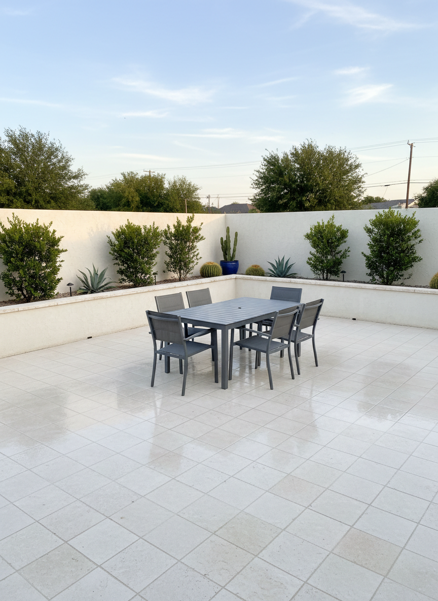 A cozy backyard patio in McAllen, Texas, featuring a freshly cleaned, pale stone paver surface that looks bright and uniform after soft washing. A low stucco wall and simple landscaping with trimmed shrubs and a few desert-friendly plants surround the space. An empty metal patio table and chairs sit neatly on the dry, spotless pavers. Photographic realism, shot from an elevated corner angle to show the full patio layout. Soft, diffused late afternoon light creates gentle shadows and a relaxed, inviting atmosphere. The composition has sharp focus throughout, with a clean, modern, and professional mood that highlights patio and outdoor living area cleaning services.