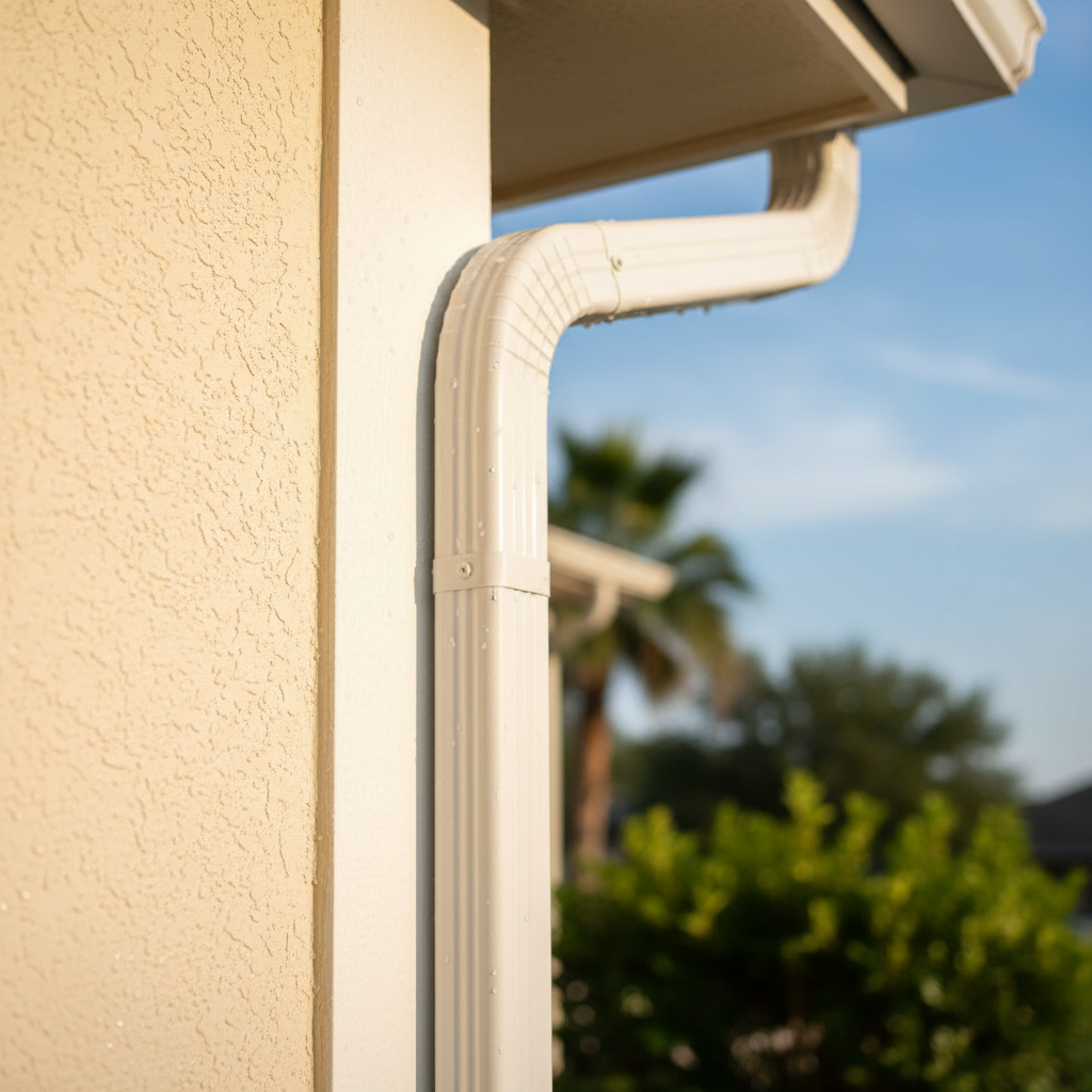 A close-up, photographic realism detail of a house siding corner in McAllen, Texas, freshly soft washed. Cream-colored stucco meets bright white trim and a clean downspout, all entirely free of mold, mildew, and dirt. Tiny water beads still cling to the surface, catching the light. In the softly blurred background, hints of green landscaping and a bright sky establish an outdoor residential context. Captured at a slight upward angle with shallow depth of field, warm, diffused sunlight wraps gently around the surfaces, creating a calm, trustworthy, and professional atmosphere that emphasizes the safety and effectiveness of soft washing for home exteriors.