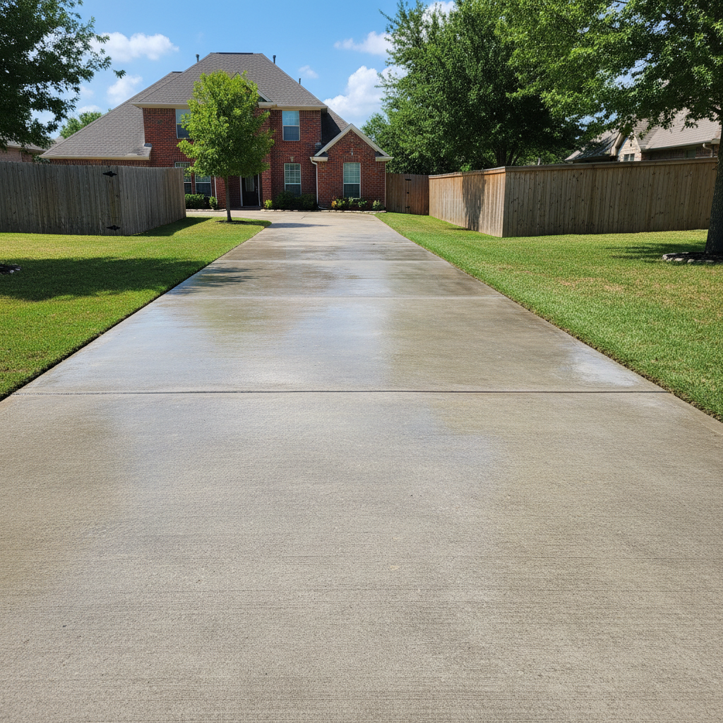 A long, clean concrete driveway in a Texas suburban neighborhood, freshly pressure washed, leading toward a brick home partially visible in the background. The driveway surface is slightly wet, with faint reflections of the sky, and the subtle texture of the concrete is clearly defined. Along the sides, neatly edged green grass and a simple wooden fence frame the scene. Captured in photographic realism from a low, slightly diagonal angle, the bright midday sun casts crisp, short shadows, reinforcing the sense of cleanliness and order. The atmosphere is professional, bright, and trustworthy, perfect for illustrating driveway and walkway cleaning services.
