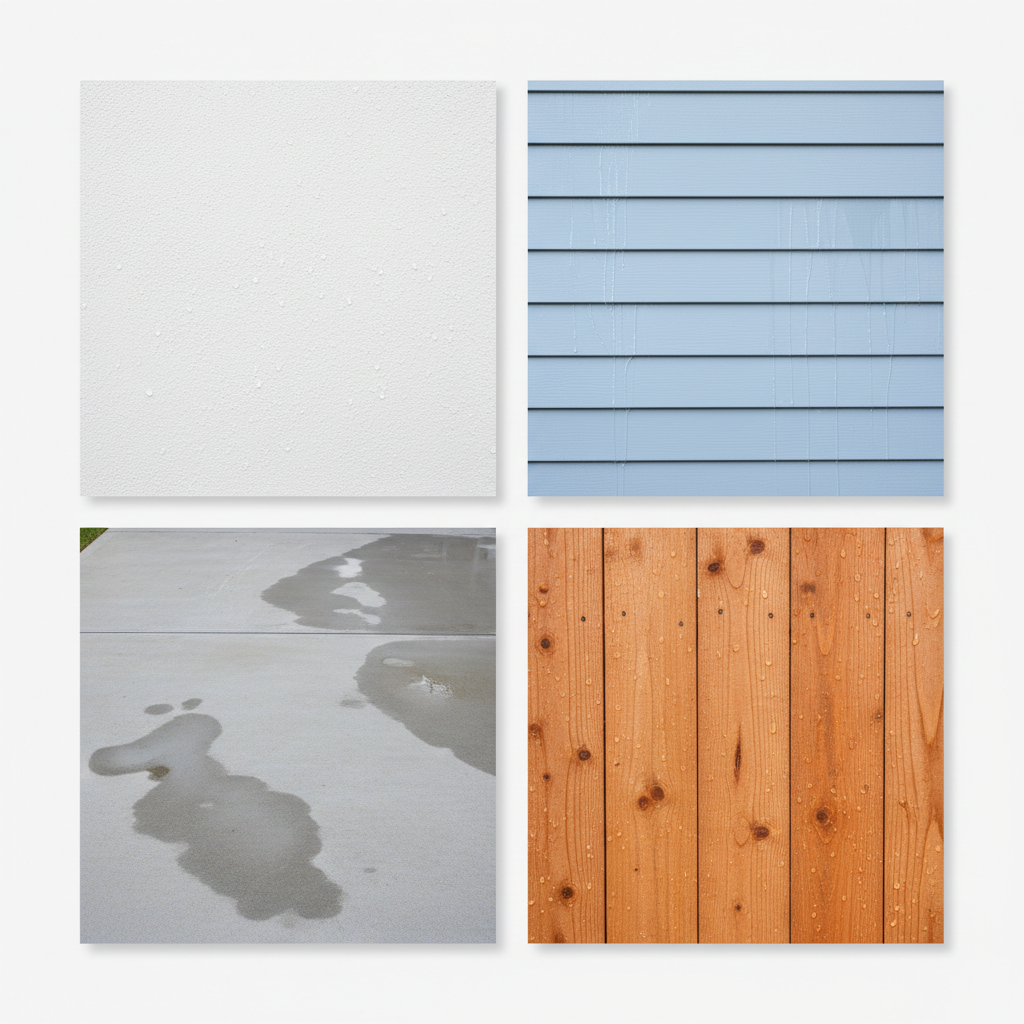 A collection of exterior surfaces commonly cleaned by soft washing, arranged in a clean, grid-like collage on a neutral white background. One segment shows a spotless stucco wall, another a bright vinyl siding panel, another a clean concrete driveway sample, and another a restored wooden fence plank, all in photographic realism. Each sample has subtle water droplets or sheen, hinting at recent washing. Soft studio lighting from above creates even illumination and delicate shadows, emphasizing texture and cleanliness. The composition is symmetrical and modern, with sharp focus and a professional, organized mood, ideal for a services overview section on a soft washing business website.