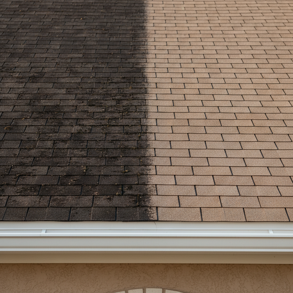 A close-up, photographic realism view of a residential asphalt shingle roof in Weslaco, Texas, showing a dramatic before-and-after soft washing result. The left half of the roof is dark, streaked with algae and grime, while the right half is pristine, light, and evenly colored. Below, the edge of clean white fascia and gutter gleams in the sun. The house exterior is subtly visible but blurred. Shot from a slightly elevated angle with sharp focus on the roof surface, golden hour sunlight creates warm, directional light that enhances texture and contrast. The composition follows the rule of thirds, with a clean and professional mood emphasizing the effectiveness of roof soft washing.