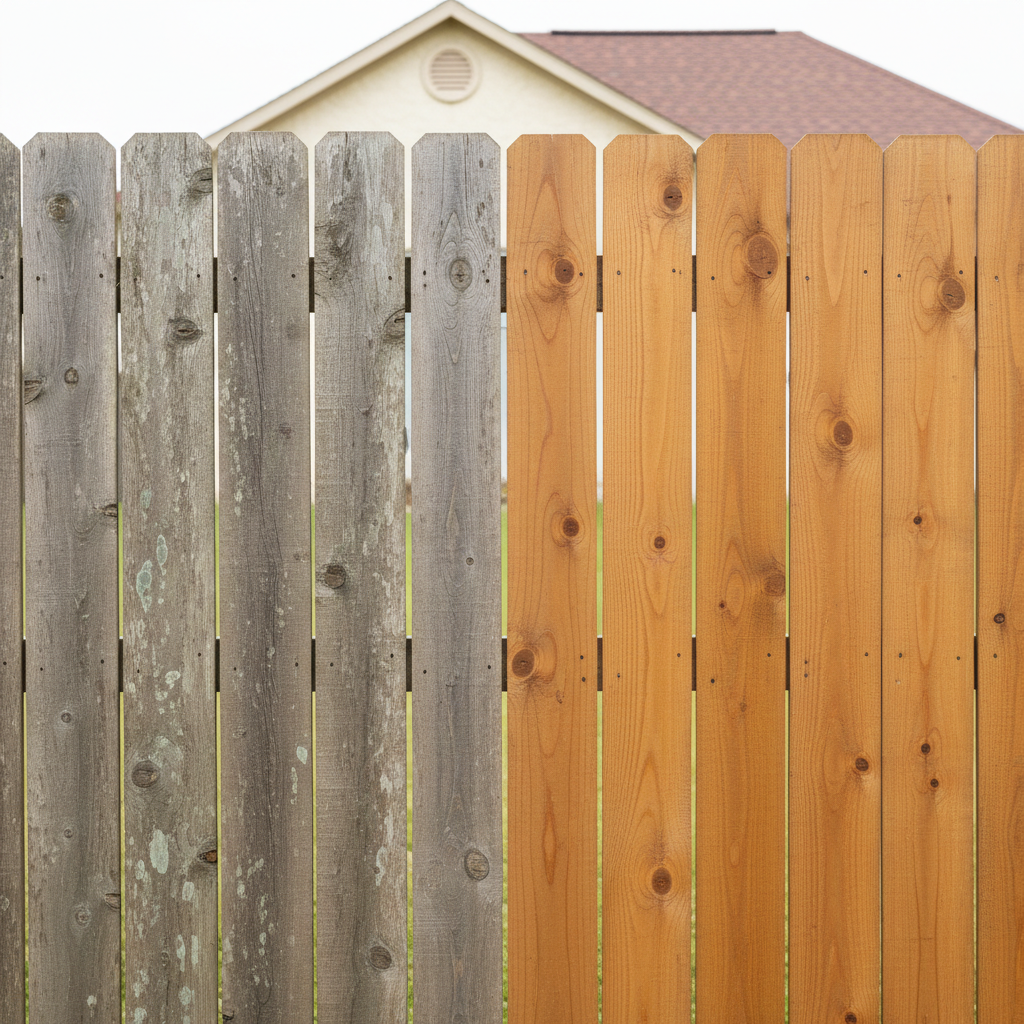A weathered wooden privacy fence running along a backyard in Weslaco, Texas, with a striking contrast between an untreated, gray, mildew-stained section and a freshly soft-washed section that appears warm, natural, and revived. The boards show clear wood grain texture, knots, and smooth surfaces where the cleaning has restored the original color. Behind the fence, blurred hints of green lawn and a pale stucco house give context. Photographic realism, captured at eye level with a medium focal length, uses bright but slightly diffused sunlight to bring out detail without harsh glare. The mood is professional and transformative, emphasizing fence cleaning and restoration services.