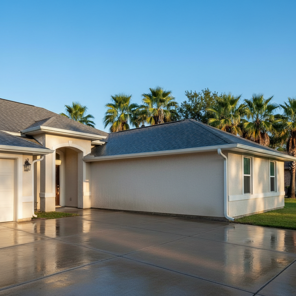 A freshly cleaned, light-colored stucco home exterior in McAllen, Texas, with a spotless asphalt shingle roof and gleaming white gutters, every surface free of dirt and algae. The house sits behind a wet, just-rinsed concrete driveway that reflects subtle highlights. In the background, lush green palm trees and a bright blue South Texas sky create a warm suburban setting. Captured in photographic realism at eye level with a wide-angle lens, the late afternoon sunlight is bright yet soft, casting gentle, crisp shadows and emphasizing the cleanliness. The mood is professional and reassuring, with a clean and modern aesthetic suitable for a soft washing company homepage hero image.