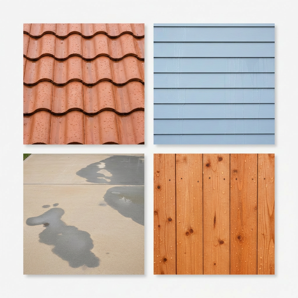 Softwashing A collection of exterior surfaces commonly cleaned by soft washing, arranged in a clean, grid-like collage on a neutral white background. One segment shows a spotless stucco wall, another a bright vinyl siding panel, another a clean concrete driveway sample, and another a restored wooden fence plank, all in photographic realism. Each sample has subtle water droplets or sheen, hinting at recent washing. Soft studio lighting from above creates even illumination and delicate shadows, emphasizing texture and cleanliness. The composition is symmetrical and modern, with sharp focus and a professional, organized mood, ideal for a services overview section on a soft washing business website.